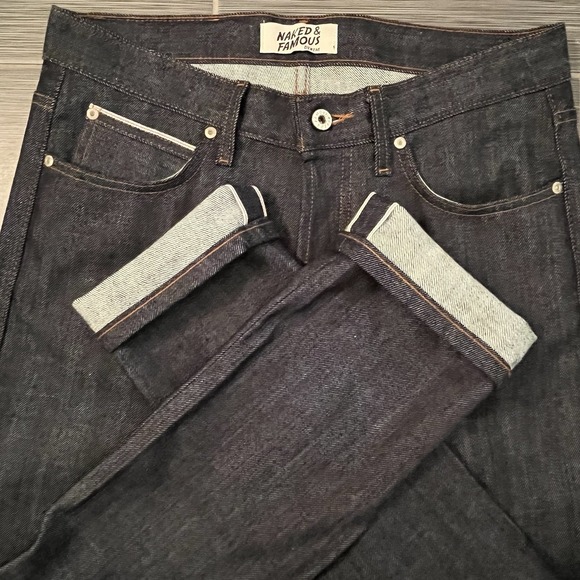 Naked & Famous Blue Super Skinny Guy Stretch Selvedge Denim Jeans Sz 32 Japanese - Picture 1 of 9